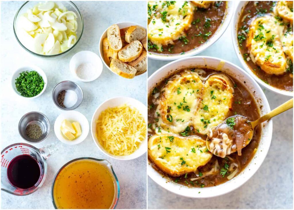Bols de soupe à l'oignon français dans des bols blancs avec une cuillère en bronze.  Recettes de soupe instantanée au pot.  - Cuisson sur étagère
