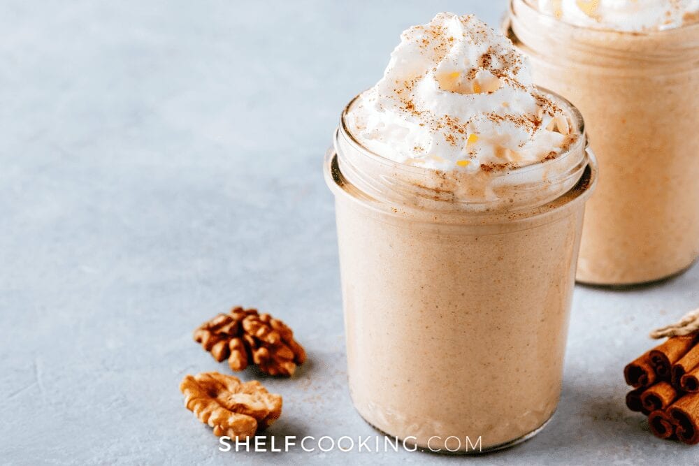 pumpkin milkshake topped with whipped cream, from Shelf Cooking